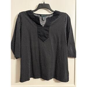 Lauren Ralph Lauren Top Womens 2X Black White Polka Dots 3/4 Sleeve shirt Retro